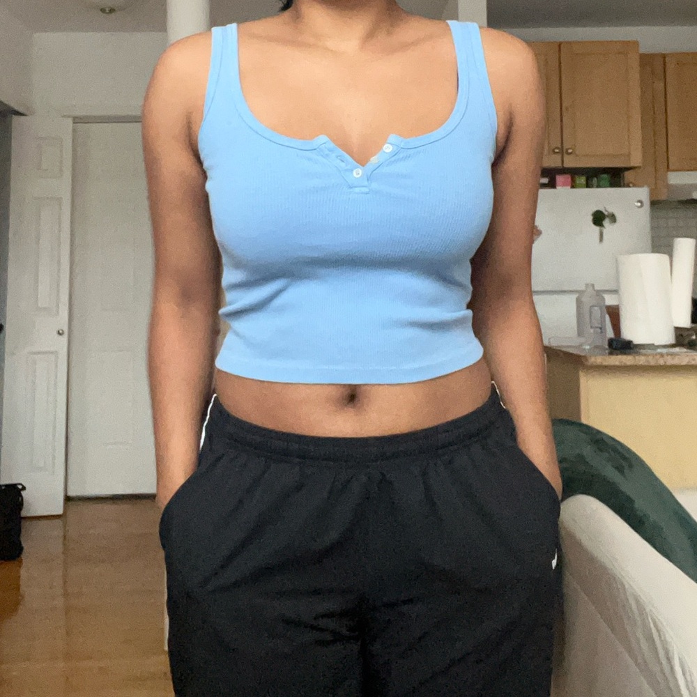 Brandy Melville blue button front ribbed cropped cotton tank